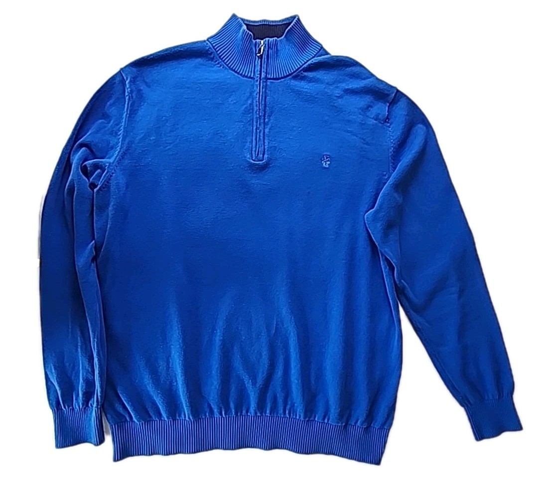 IZOD Men's Large Golf 100% Cotton 1/4-Zip Long Sleeve Pullover Sweater Blue EUC