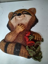Vintage Homco Raccoon with Flowers Wall Plaque 1977 Made in USA