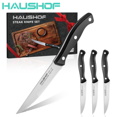HAUSHOF Steak Knives Set 4PCS Stainless Steel Knives Serrated 9'' Full Tang Knife
