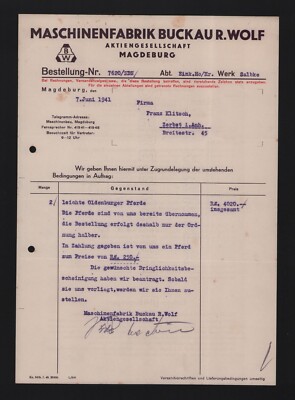 Magdeburg, invoice 1941, machine factory Buckau R. Wolf AG Oldenburg horses