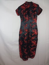 ASIAN Qipao / Cheongsam DRESS sz 34 SATIN Black Red Long Slits