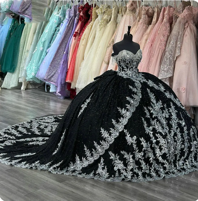 15 dresses black Quinceanera Satin Ball Gown Off Shoulder  Lisposa Corset Back Embellishment Black Quinceaera Dresses | Princesa