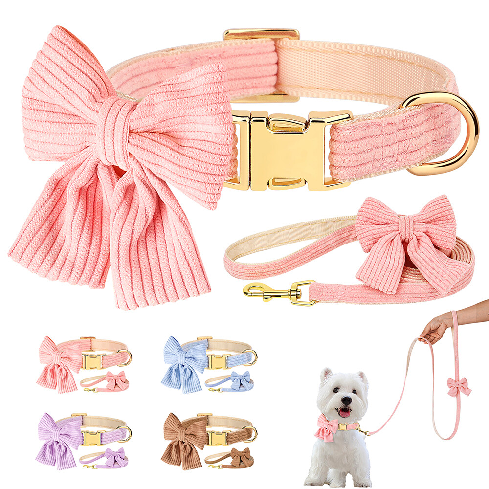 Cute Bow Tie Dog Collar and Leash set Soft Velvet Puppy Collars Adjustable  Pink