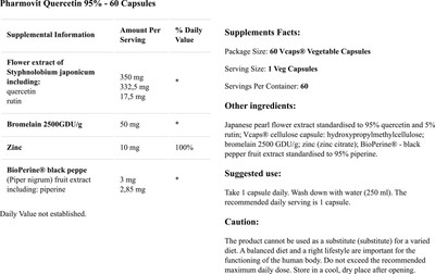 Quercétine 95% Pharmovit - 60 Capsules, Complément Antioxydant, Neuf Sous Blister