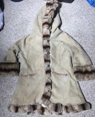 Shearling Tan Beige Jacket Coat Hooded Studded Faux Fur by Sued Mod