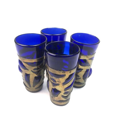 4 Tequila Becher Glas Blau mundgeblasen Metallhalterung Handarbeit Mexiko 1970er