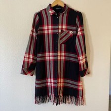 ZARA Basic Size XS Womens Fringe Plaid Shirt Dress Studded Pocket Long Sleeve