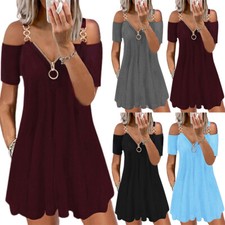 Womens V-Neck Cold Shoulder Mini Dress Summer Loose Swing Sundress Plus Size