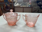 Pink Cherry Blossom Creamer + Sugar Bowl w/Lid - Jeannette Depression Glass