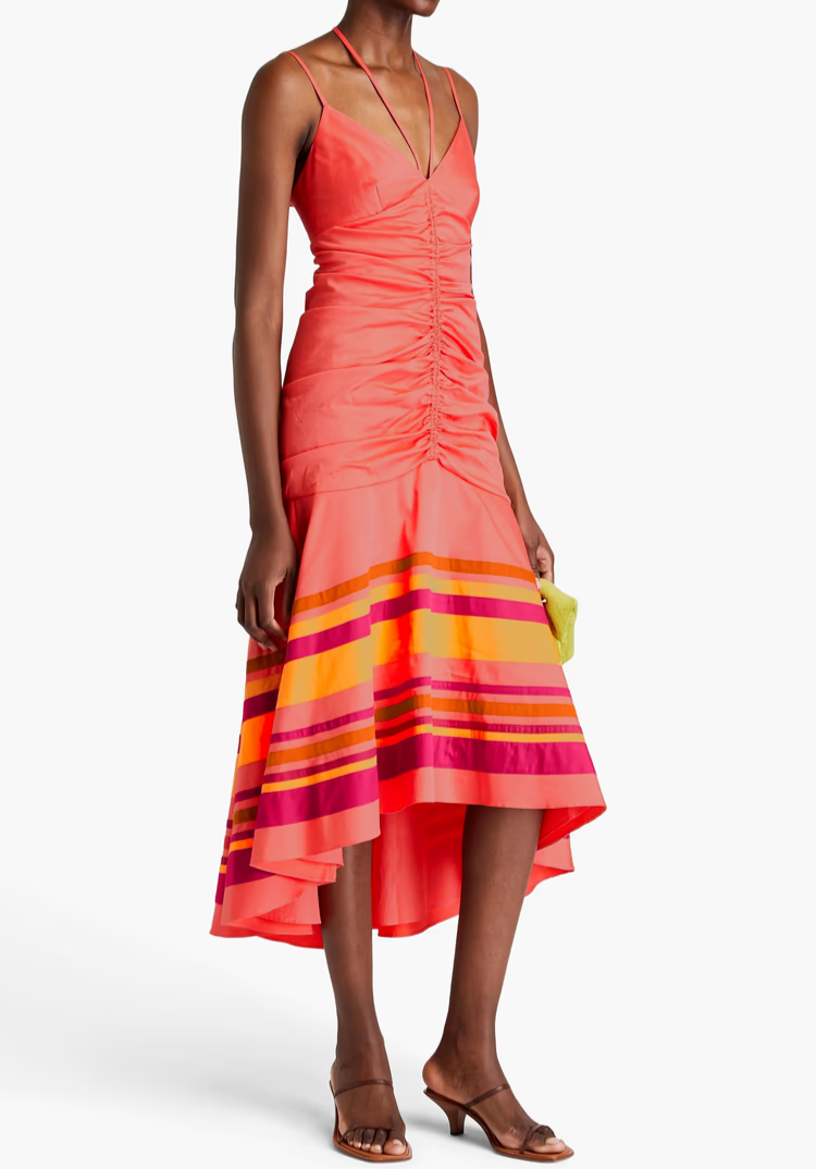 veronica beard fitz halter dress NWT- 'Fitz' Ruched Sleeveless Midi-Dress, Coral Multi 100% viscose