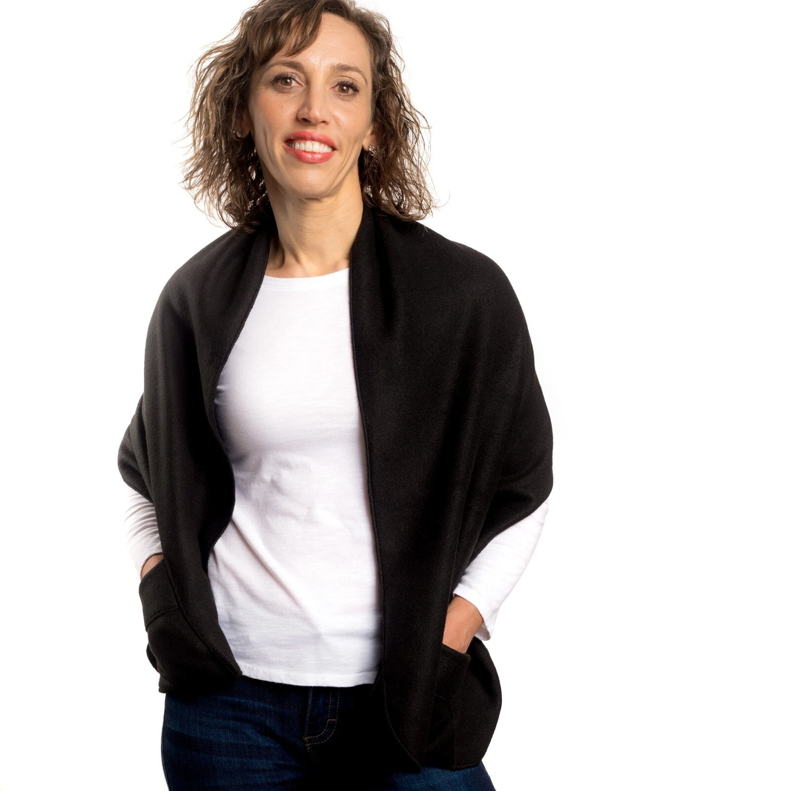 Black Cozy Warm Fleece Shawl with Pockets- Made in the USA-2 PACK