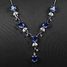 925 Sterling Silver White Gold Neckaces Classically Royal Blue Sapphire 28.40Ct