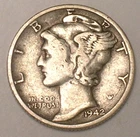1942 S Mercury Winged Head Dime 10 Cents Silver Coin VF