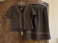 VTG BOHO MOD 70S 80S CHOCOLATE BROWN TOP A LINE SKIRT 2 PC SET 14 SANS AGE