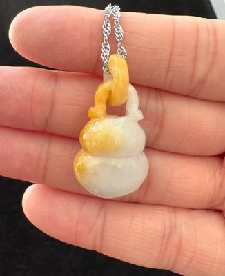 Certified Natural Type A Floating Yellow Jadeite Jade Gourd 葫芦 Pendant Necklace