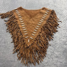 Vintage Suede Fringe Poncho Genuine Leather Western Boho Cape Bone Beaded