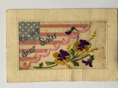 WW1 Military Silk Embroidery Postcard with Pansies .  “To my Dear Sister ”