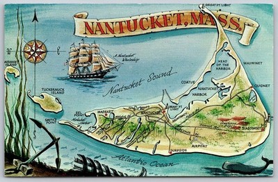 Vintage Nantucket Island Map Postcard - Whaling Ship & Landmarks MA C446