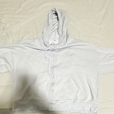 PINK Women's White Logo Full Zip Hooded Fleece Cotton Hoodie Size L/G