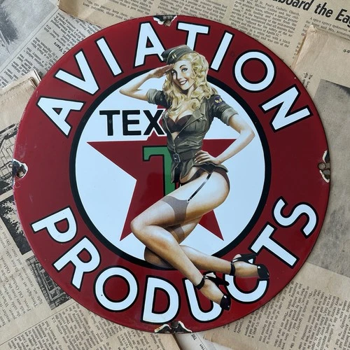 VINTAGE TEXACO AVIATION SERVICES GASOLINE PIN-UP 12 INCH PORCELAIN ENAMEL SIGN