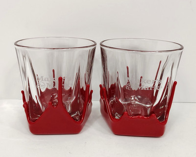 Makers Mark Red Wax Drip Bourbon Whiskey Lowball Tumbler Glass Set 2, 3.5'' Tall