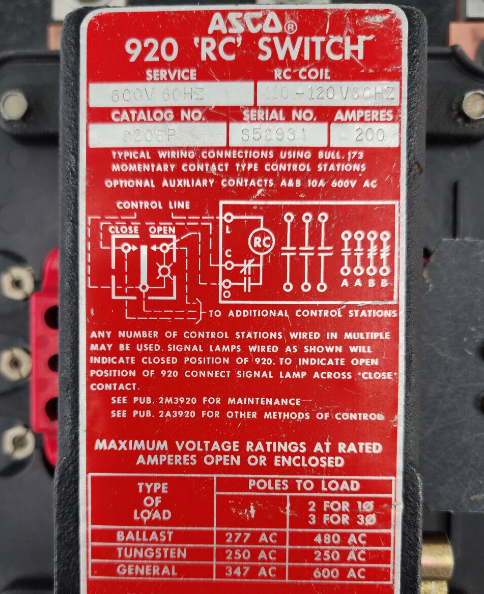 ASCO 9206P AUTOMATIC 920 RC SWITCH 200 AMPS 600V 120V COIL 3 PHASE | eBay