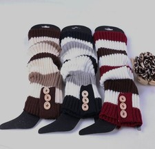 Winter Women Buttons Wool Knitted Socks Leg Warmer Gifts Stripe Crochet Leggings