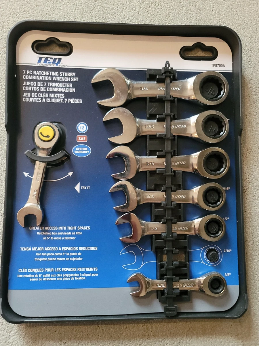 NEW TEQ Correct Professional 7PC Ratcheting Stubby Combo Wrench Set TP8700A SAE