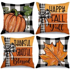 Fall Pillow Covers 18 x 18 Inch Set of 4 Buffalo Bowknot Pumpkin Maple Leaf D...