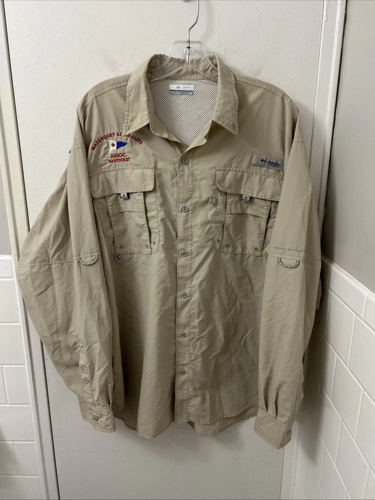 Columbia PFG Shirt Mens Large Tan Omni-Shade Fishing Hiking Vented Long Sleeve