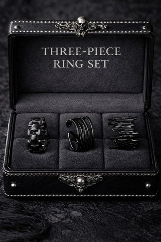 3pcs Adjustable Stainless Steel Black Gothic Decorative Rings Set - Picture 3 of 4