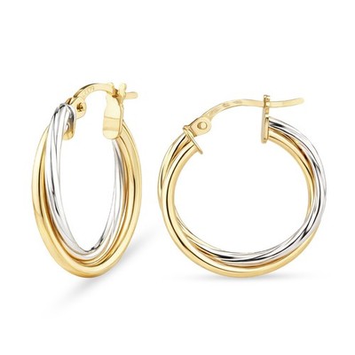 In Italien gefertigte massive gedrehte kleine Creolen 9 kt Gelb- und Weißgold 18 mm