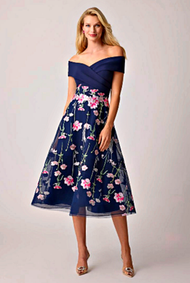 Teri Jon Crepe Off The Shoulder Embroidered Tulle Dress Size 14