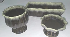 3 VTG Hull Pottery USA F47 F83 F88 Green Olive Drip Glazed Planters, Candy Dish 