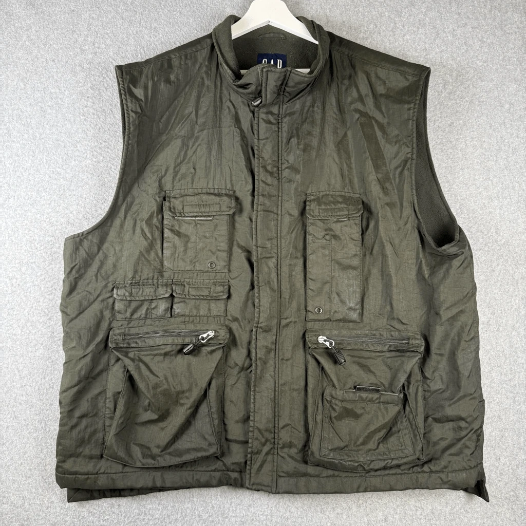 Gap Mens XXL Full Zip Front Nylon Fishing Vest Olive Green Pockets Sleeveless