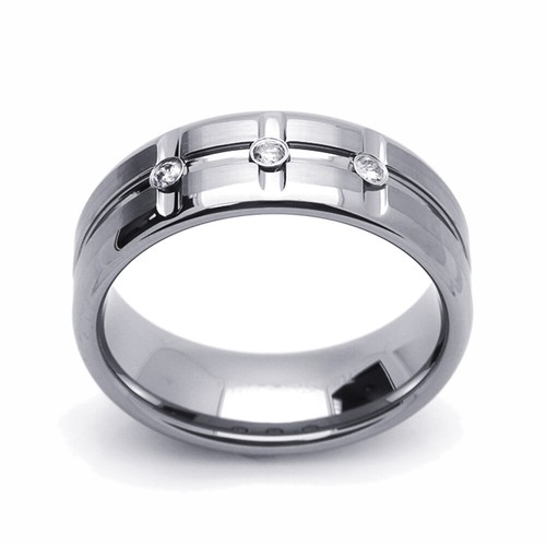 Men 8MM Tungsten Carbide Wedding Band 0.11ct 3 Diamond Satin Grooves Ring - Picture 2 of 3