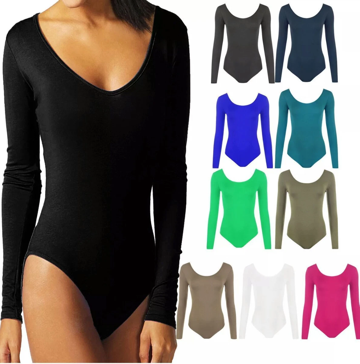 LADIES SCOOP NECK BODYSUIT LEPTARD LONG SLEEVES SIZES 8-14 | eBay