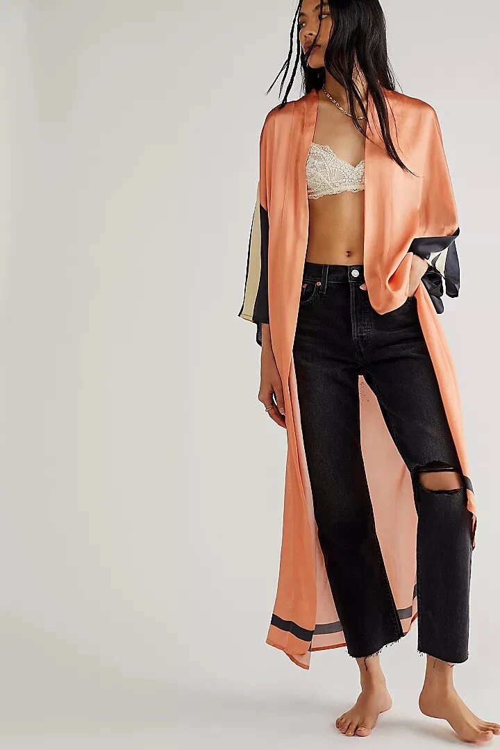 NEW FREE PEOPLE RISING SUN MOON DANCE MAXI KIMONO TOP ROSE