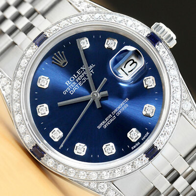 ROLEX MENS DATEJUST 18K WHITE GOLD DIAMOND SAPPHIRE STEEL 16014 QUICKSET WATCH