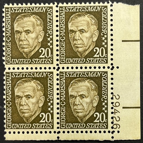 US Prominent Americans, Scott 1289, 20c Geo Marshall, P.B. of 4 Untagged MNH FVF
