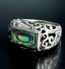 ORNATE 925 STERLING SILVER AND ABALONE SHELL RING SIZE 7.5