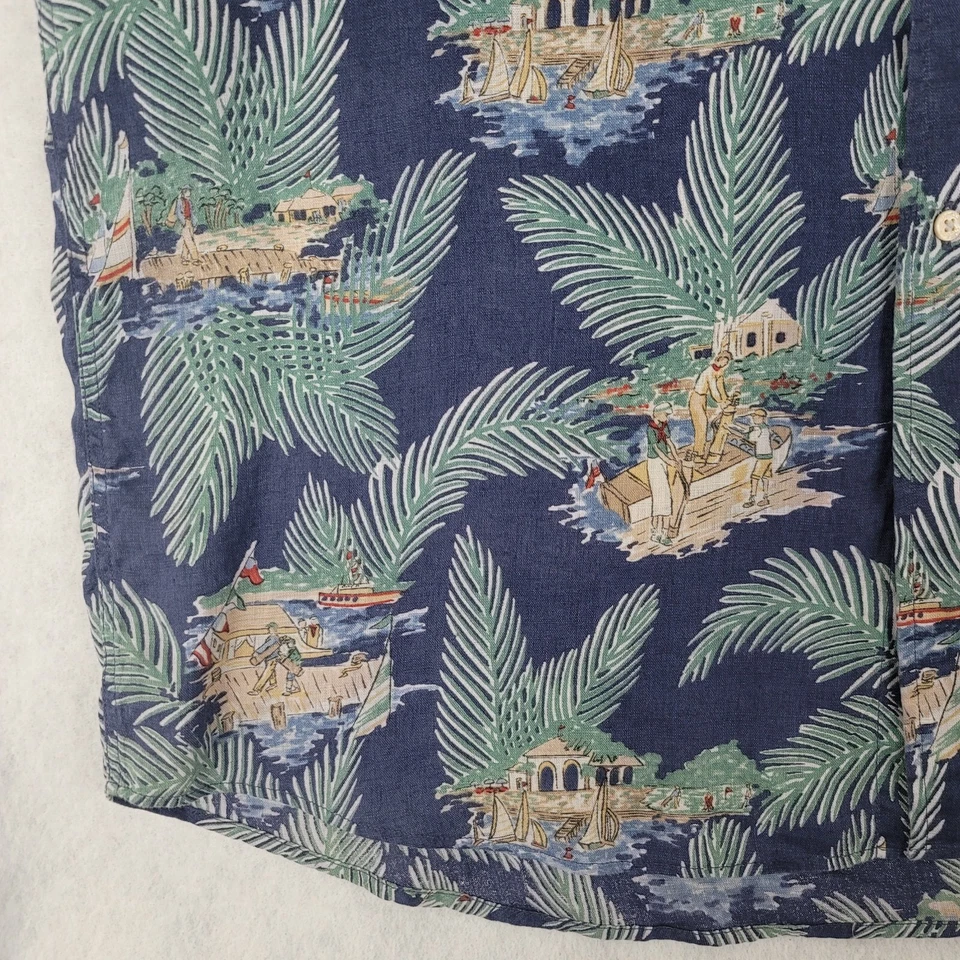 Vintage Hawaiian Shirt Men Fits XL Blue Floral Graphic Button Up 90s Linen Relax - Image 2 of 4