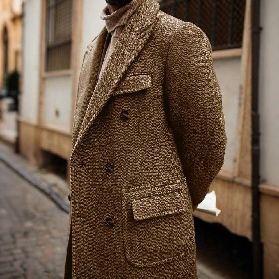 Tweed Herringbone Men Coats Wool Blend Long Overcoats Business