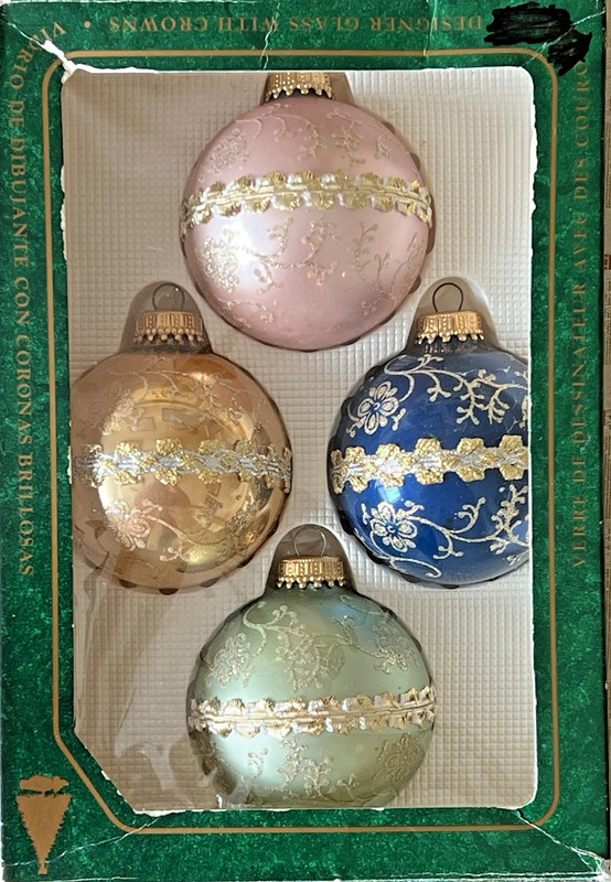 Box of 4 VTG Krebs Glass Ball Ornaments Floral Leaf Glitter Lace Ribbon 4 Colors