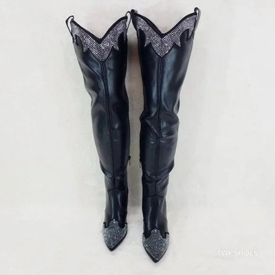Primal Country Western Sexy Black OTK Thigh Boots With Rhinestone Trims