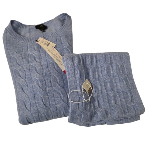 Talbots 100% Cashmere Cable Knit Sweater Scarf Set Blue Petite M NWT
