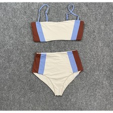 L space Bikini Size Medium Striped Blue Brown High Wasted Two Piece Modest Retro