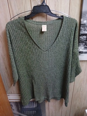 Faded Glory Green V Neck 3/4 Sleeve Ribbed Knit Top size 3X