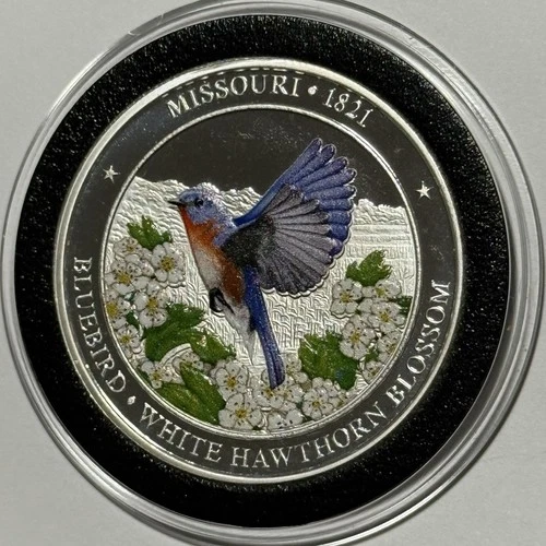 Missouri Bluebird White Hawthorn Colorized Coin 1 Troy Oz .999 Fine Silver Round