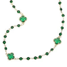 Gold Tone Long Clover Station Necklace Green Crystal Quatrefoil Designer Inspire